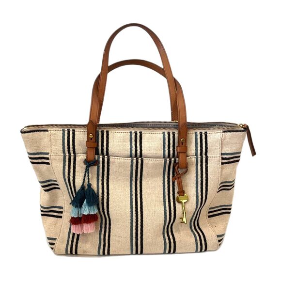 Fossil Rachel Tote Canvas Ivory Beige Black Blue Stripes Top Zipper - Picture 1 of 9